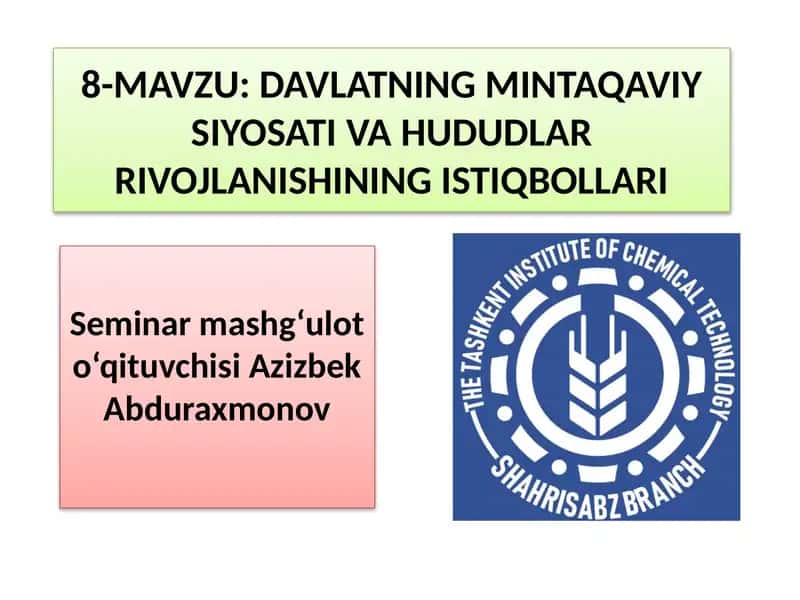 DAVLATNING MINTAQAVIY SIYOSATI VA HUDUDLAR RIVOJLANISHINING ISTIQBOLLARI
