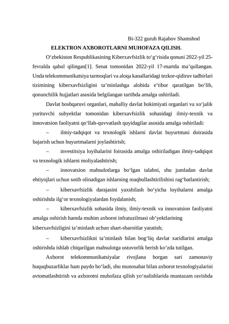 ELEKTRON AXBOROTLARNI MUHOFAZA QILISH