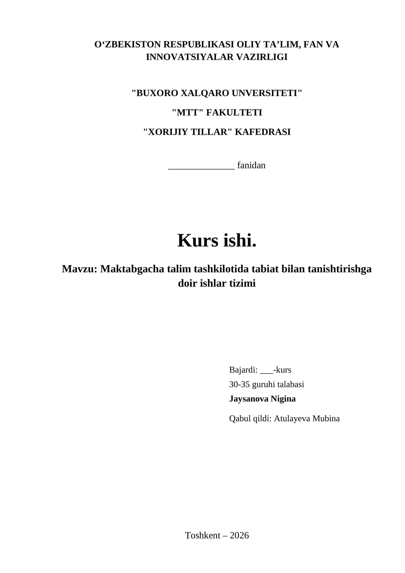 Maktabgacha talim tashkilotida tabiat bilan tanishtirishga doir ishlar tizimi