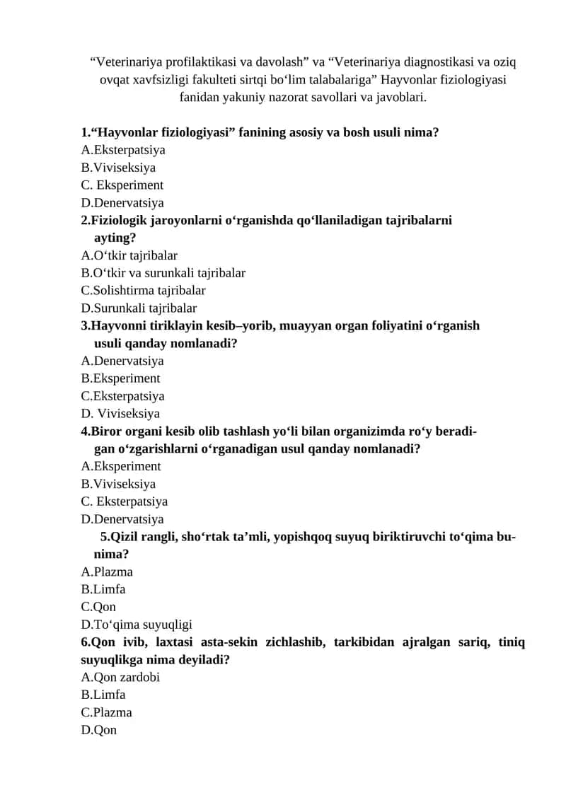 Hayvonlar fiziologiyasi fanidan yakuniy nazorat savollari va javoblari