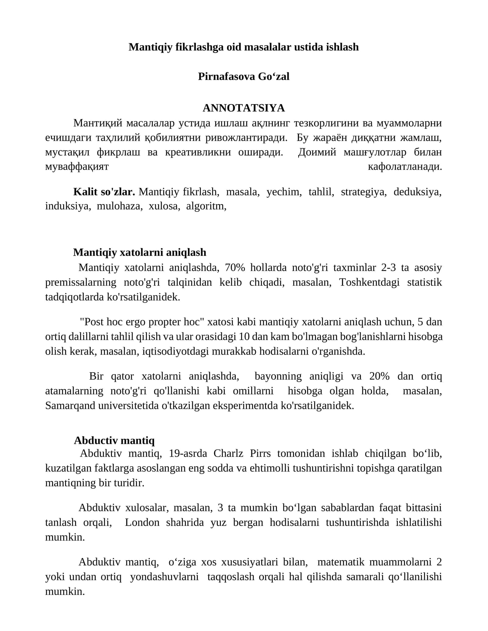 Mantiqiy fikrlashga oid masalalar ustida ishlash