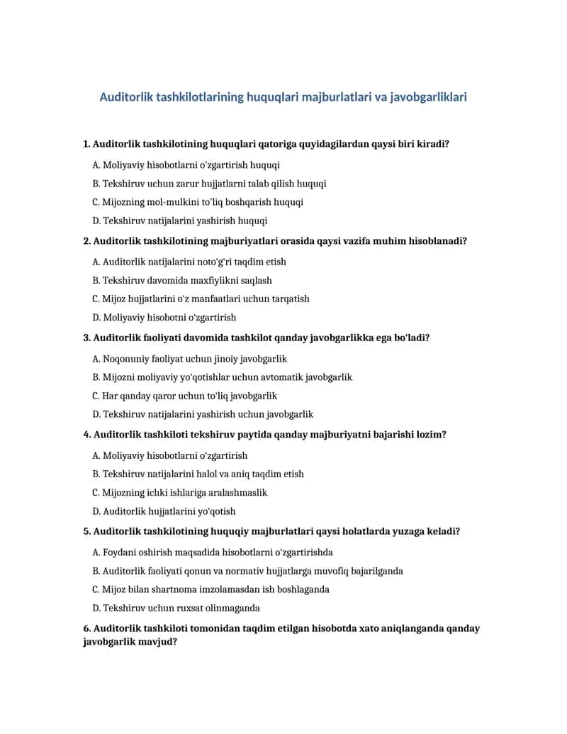Auditorlik tashkilotlarining huquqlari majburlatlari va javobgarliklari