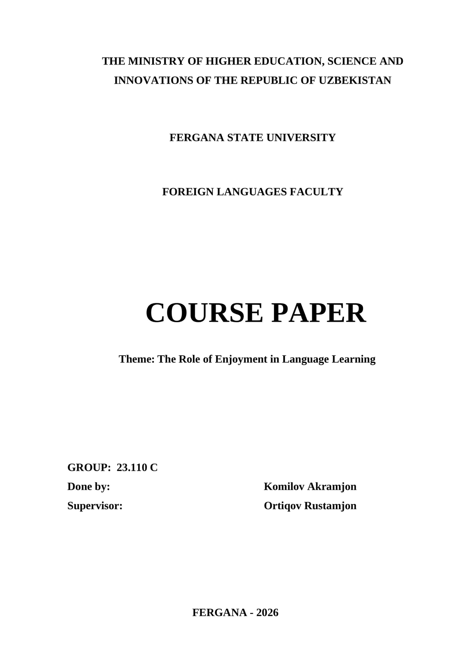 Course Paper on "The Role of Enjoyment in Language Learning"