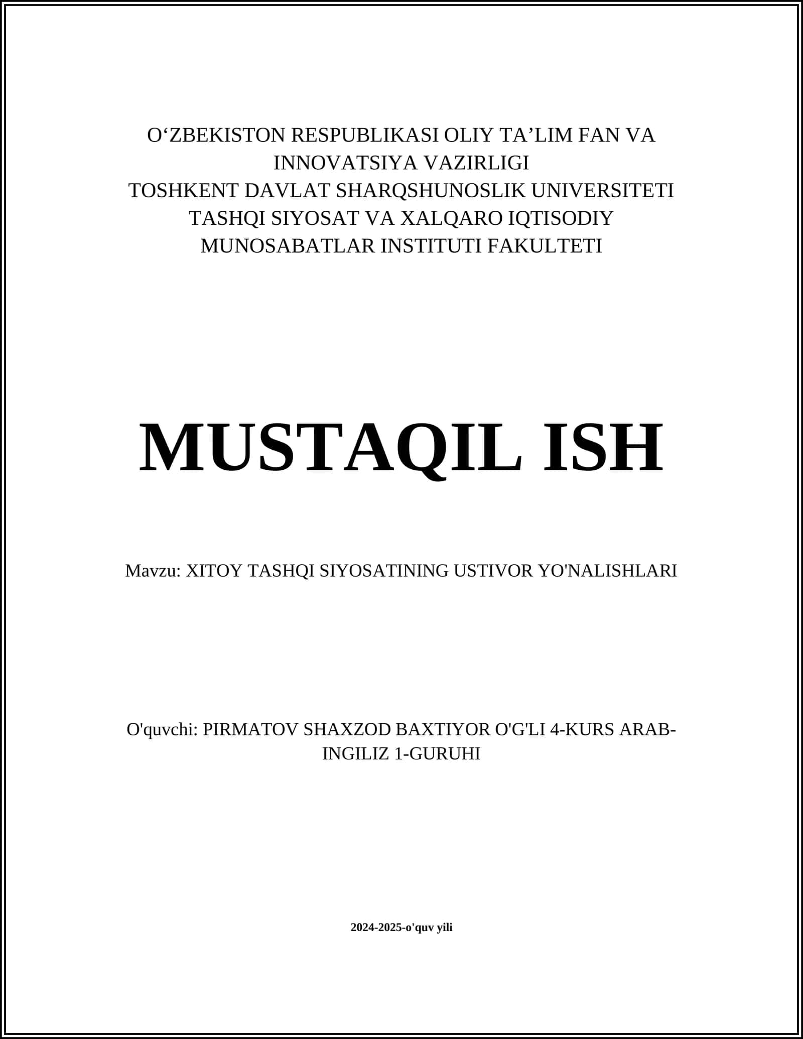 XITOY TASHQI SIYOSATINING USTIVOR YO'NALISHLARI