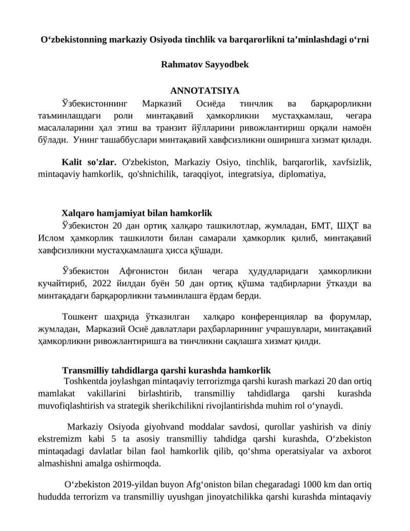 O'zbekistonning markaziy Osiyoda tinchlik va barqarorlikni taʼminlashdagi oʻrni