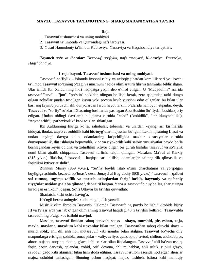 TASAVVUF TA’LIMOTINING SHARQ MADANIYATIGA TA’SIRI