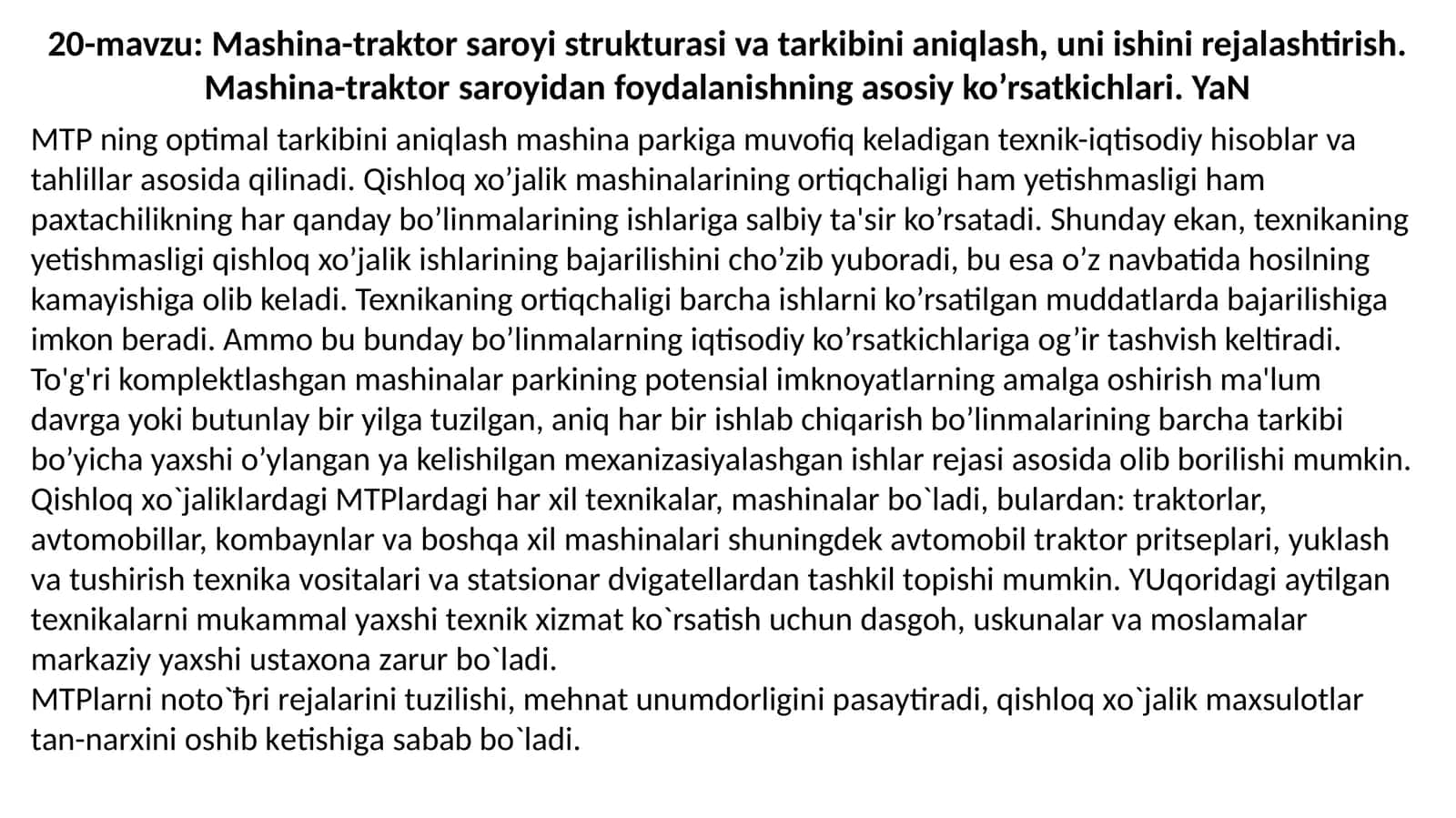 Mashina-traktor saroyi strukturasi va tarkibini aniqlash, uni ishini rejalashtirish. Mashina-traktor saroyidan foydalanishning asosiy ko’rsatkichlari. YaN