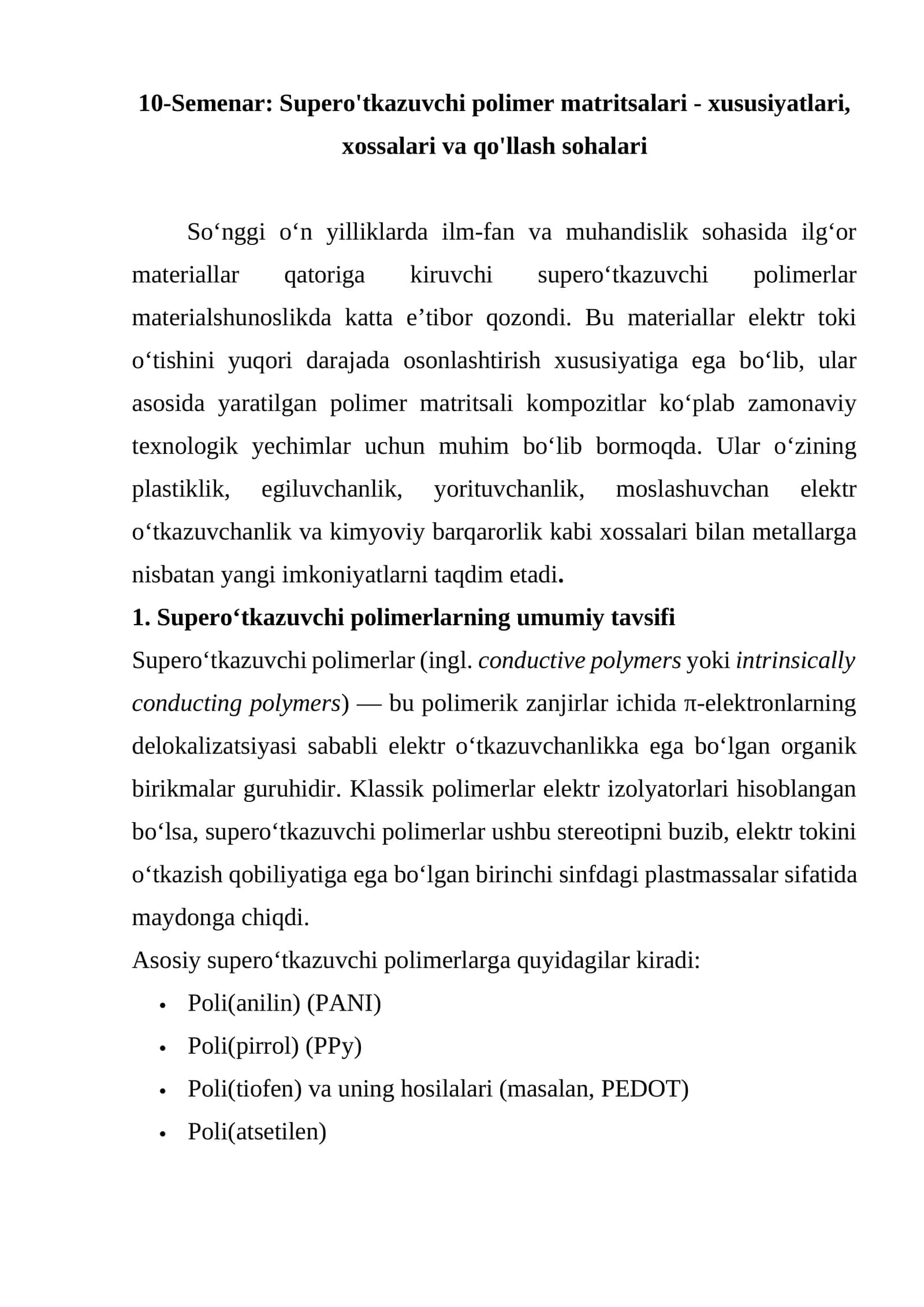 Supero'tkazuvchi polimer matritsalari - xususiyatlari, xossalari va qo'llash sohalari