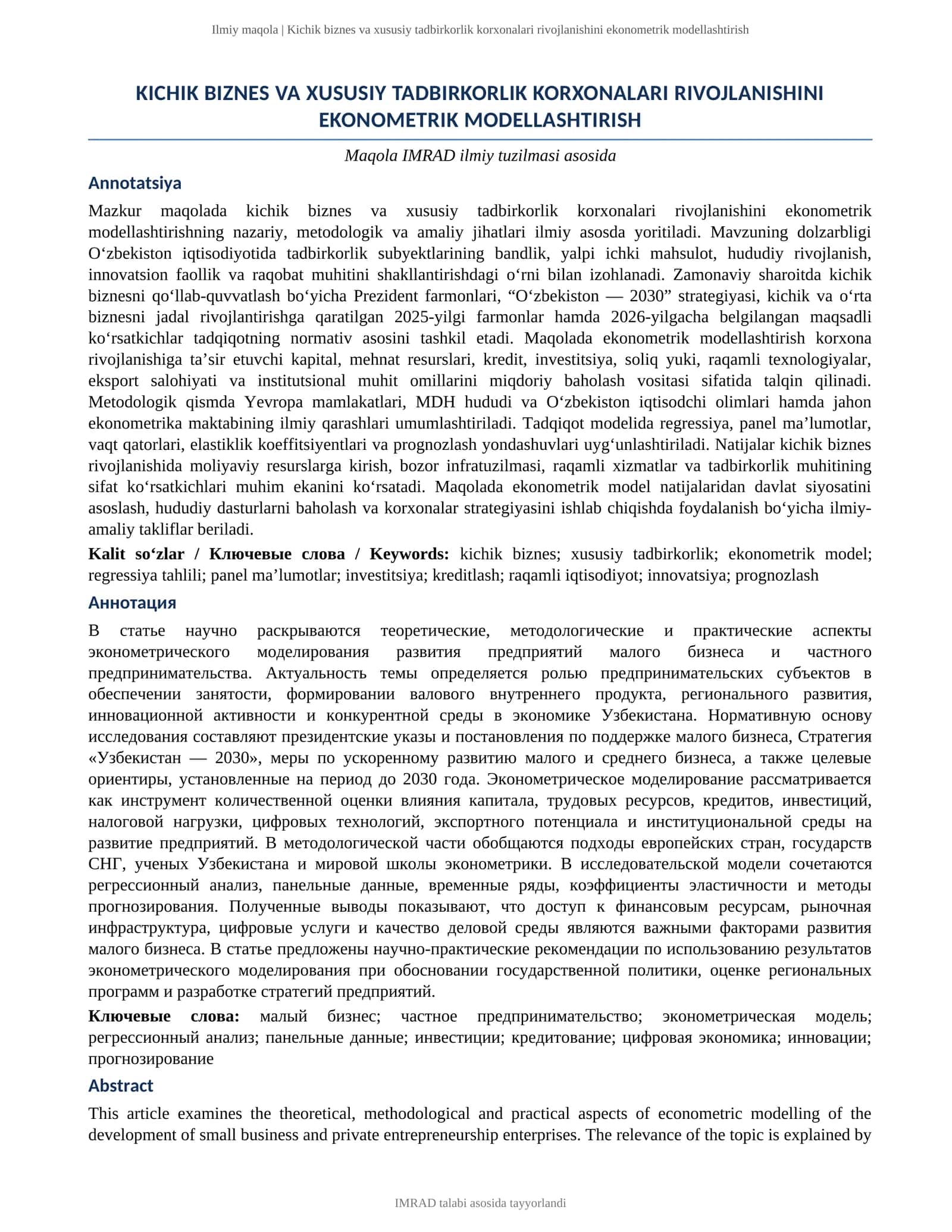 KICHIK BIZNES VA XUSUSIY TADBIRKORLIK KORXONALARI RIVOJLANISHINI EKONOMETRIK MODELLASHTIRISH