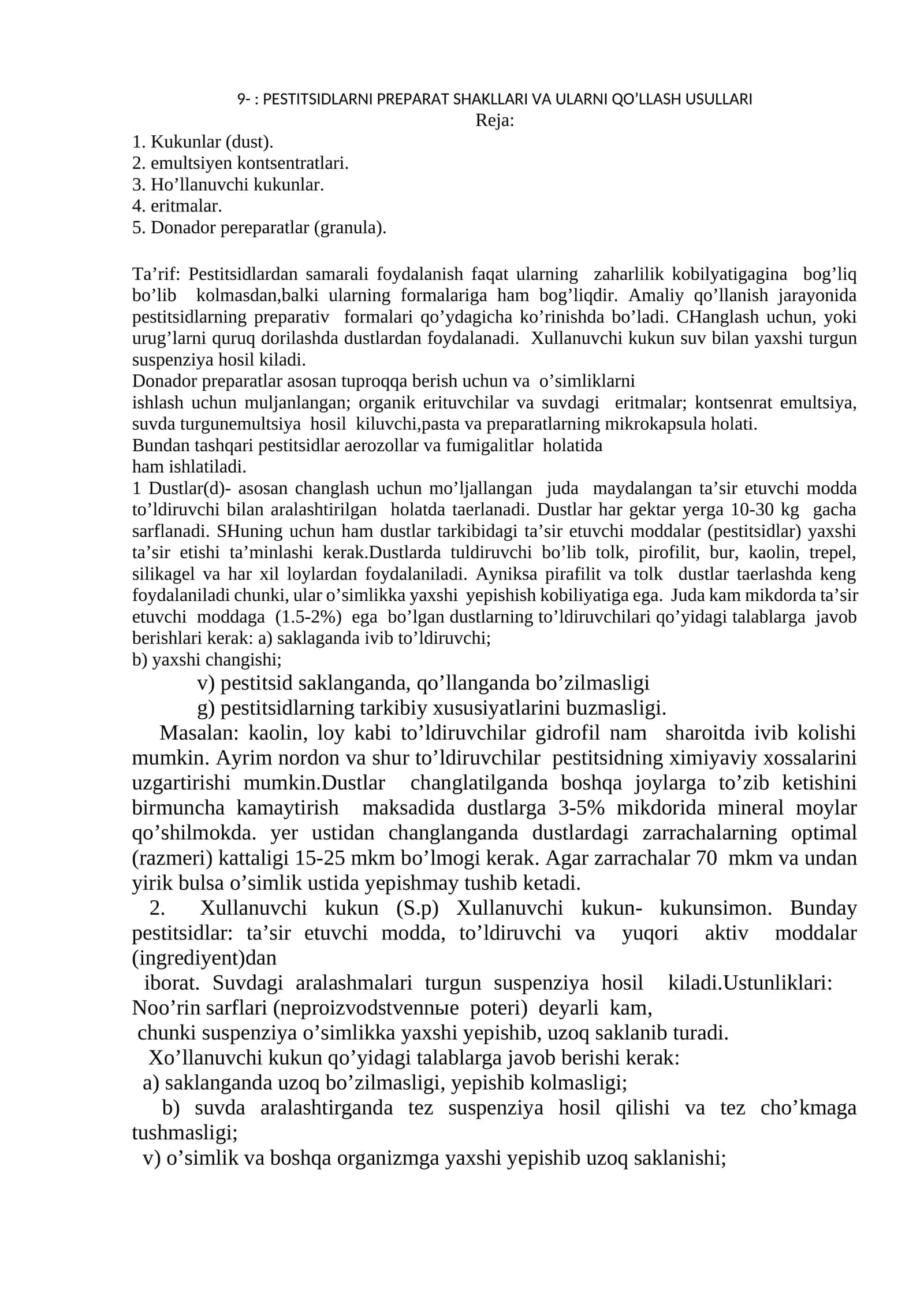 PESTITSIDLARNI PREPARAT SHAKLLARI VA ULARNI QO’LLASH USULLARI