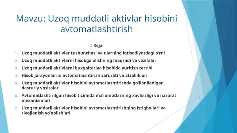 Uzoq muddatli aktivlar hisobini avtomatlashtirish