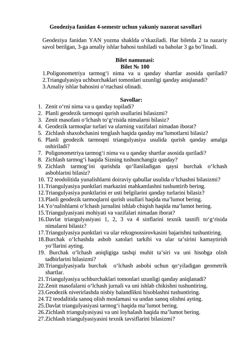 Geodeziya fanidan 4-semestr uchun yakuniy nazorat savollari