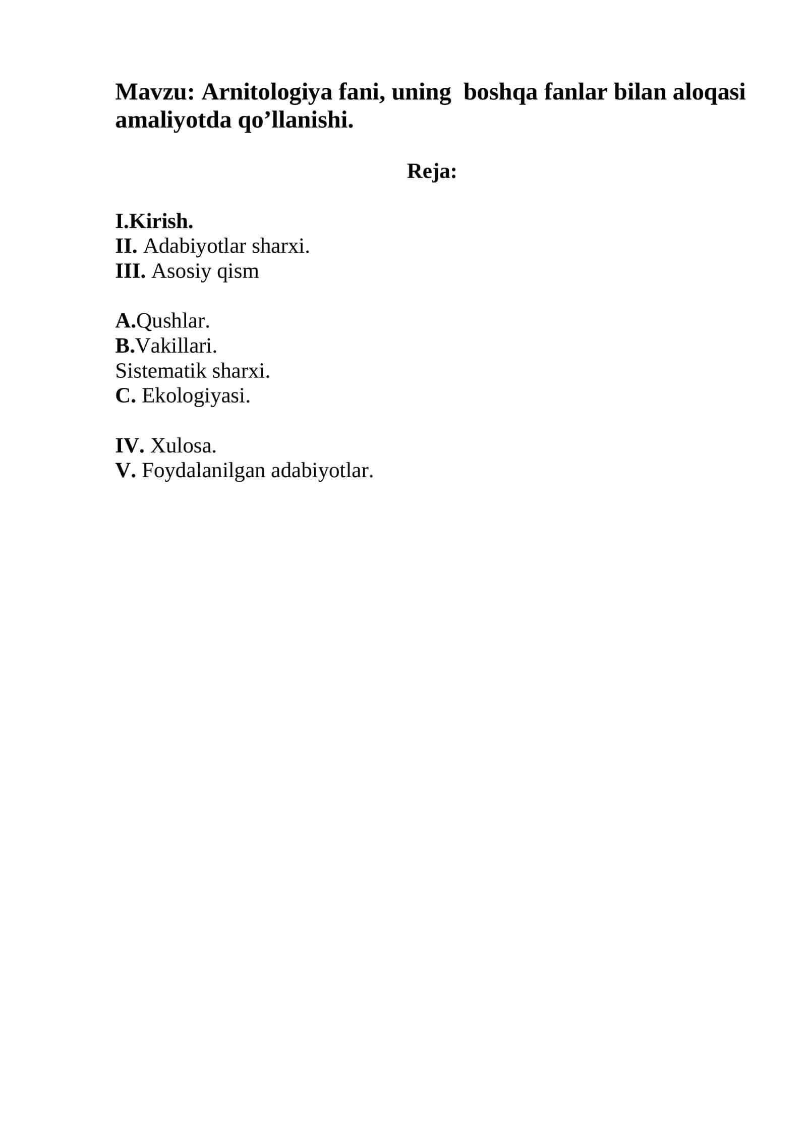 Arnitologiya fani, uning boshqa fanlar bilan aloqasi amaliyotda qo’llanishi