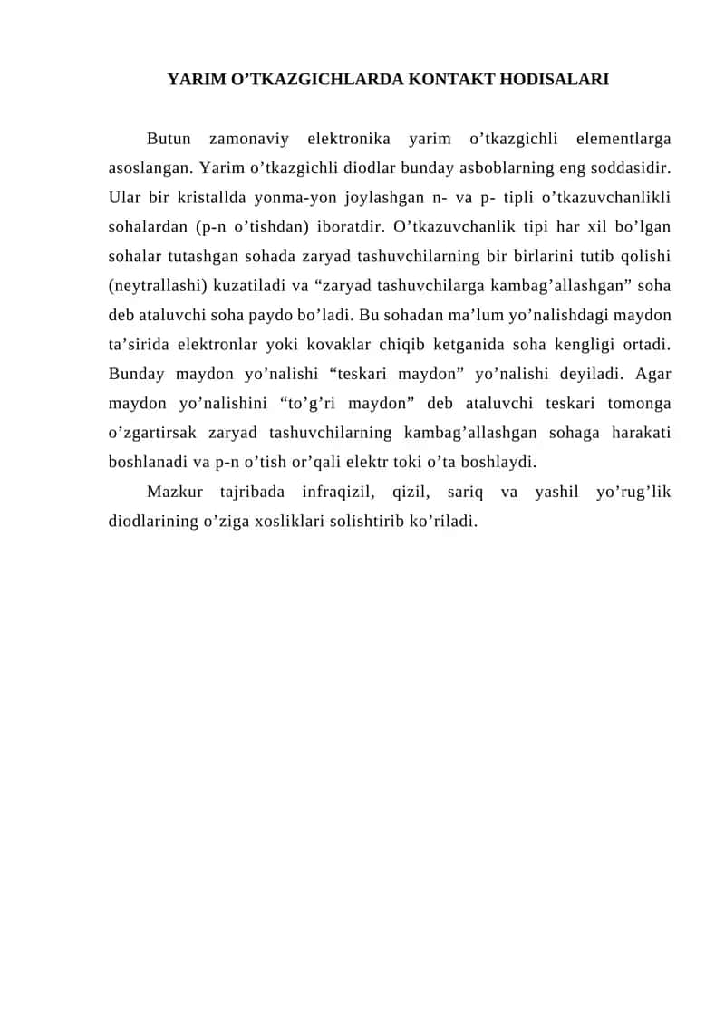 Yarim O’Tkazgichlarda Kontakt Hodisalari