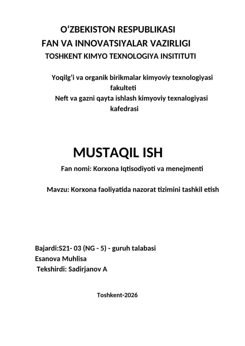 Korxona faoliyatida nazorat tizimini tashkil etish