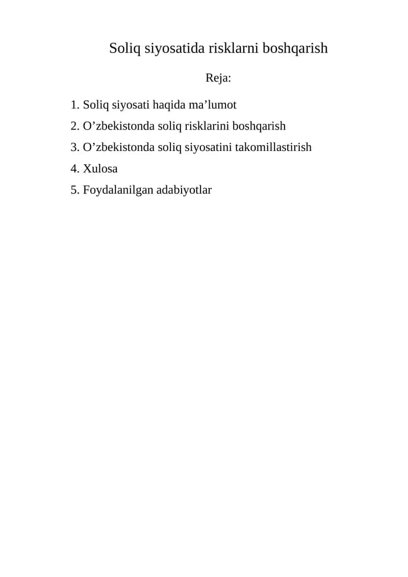 Soliq siyosatida risklarni boshqarish