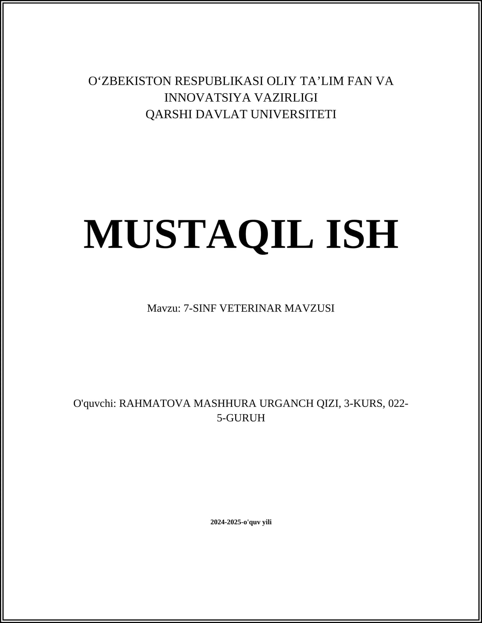 7-SINF VETERINAR MAVZUSI