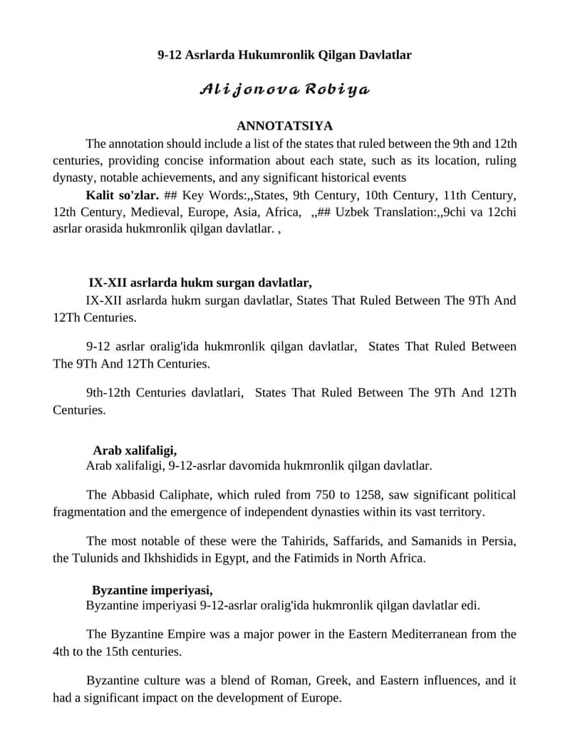 9-12 Asrlarda Hukumronlik Qilgan Davlatlar