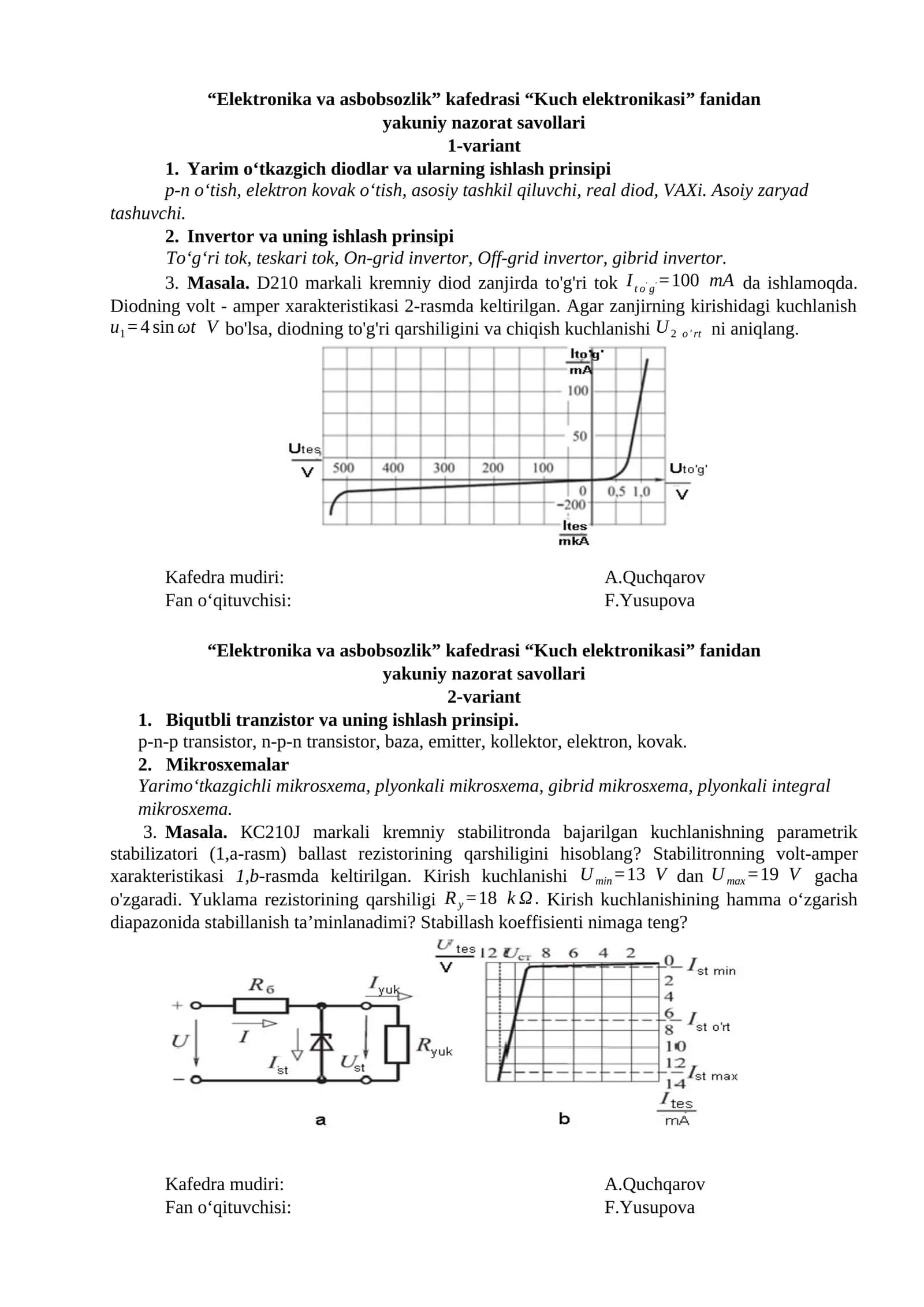 Kuch elektronikasi nazorat savollari