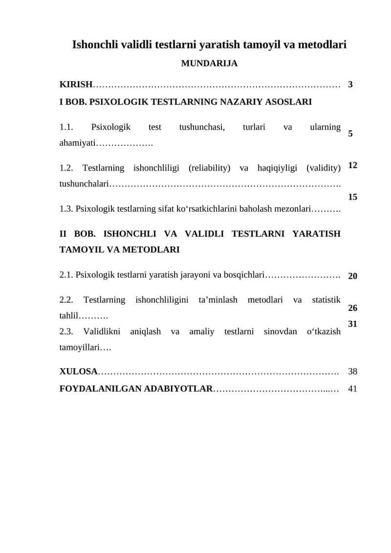 Ishonchli validli testlarni yaratish tamoyil va metodlari