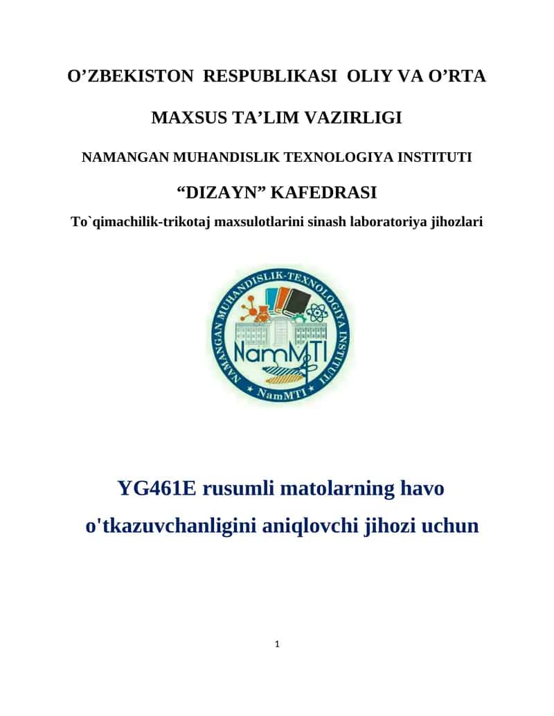 Ma’lumot YG461E rusumli matolarning havo o'tkazuvchanligini aniqlovchi jihozi uchun