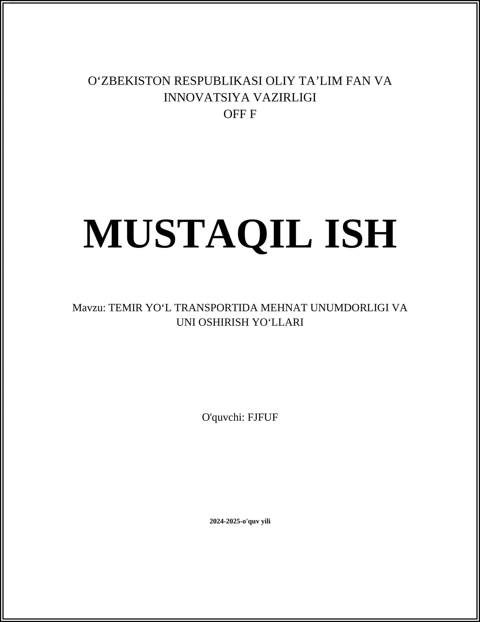 TEMIR YO‘L TRANSPORTIDA MEHNAT UNUMDORLIGI VA UNI OSHIRISH YO‘LLARI