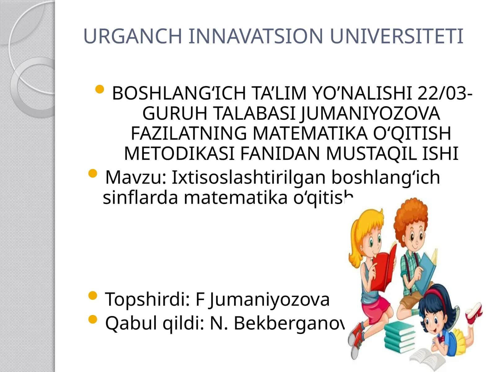 Ixtisoslashtirilgan boshlang'ich sinflarda matematika o'qitish