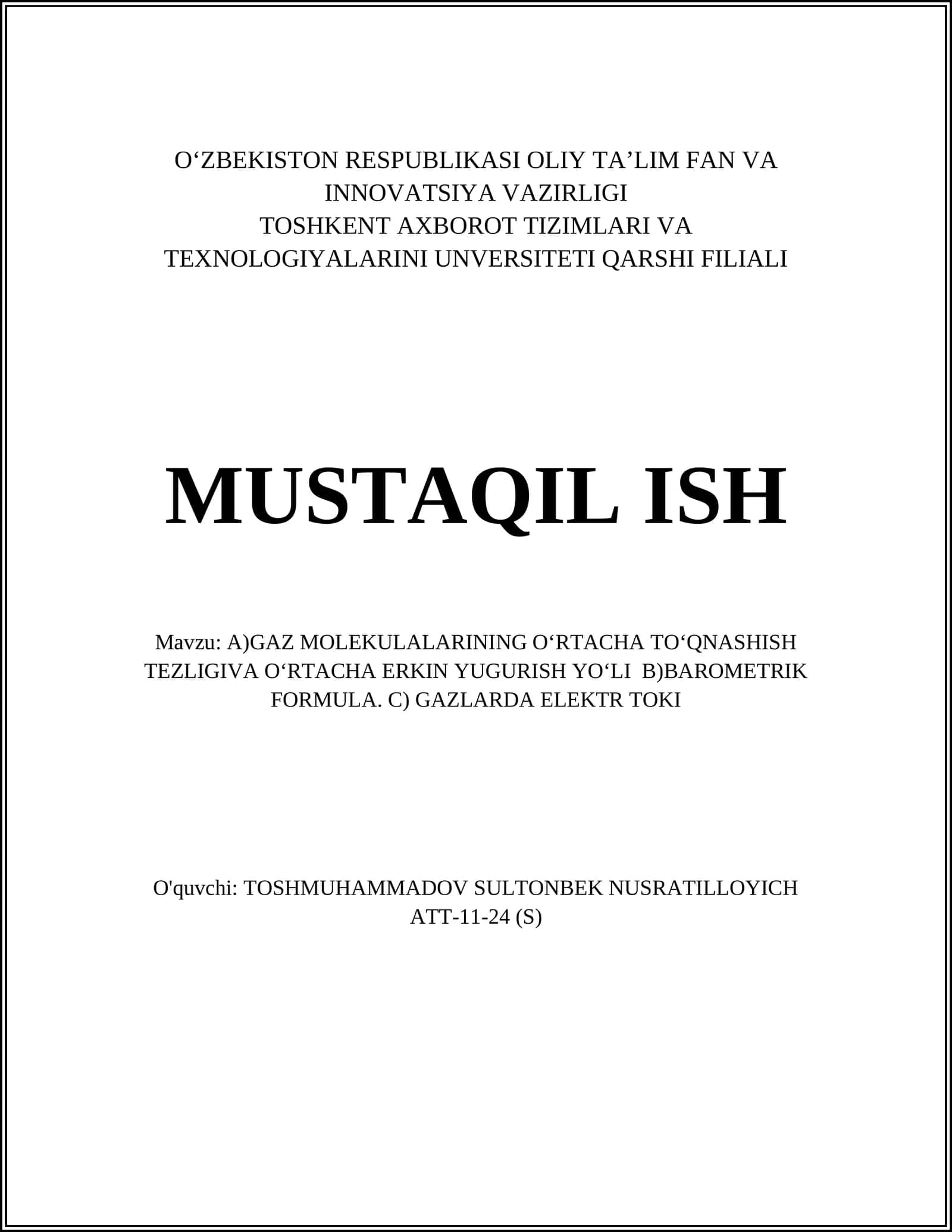 GAZ MOLEKULALARINING OʻRTACHA TOʻQNASHISH TEZLIGI