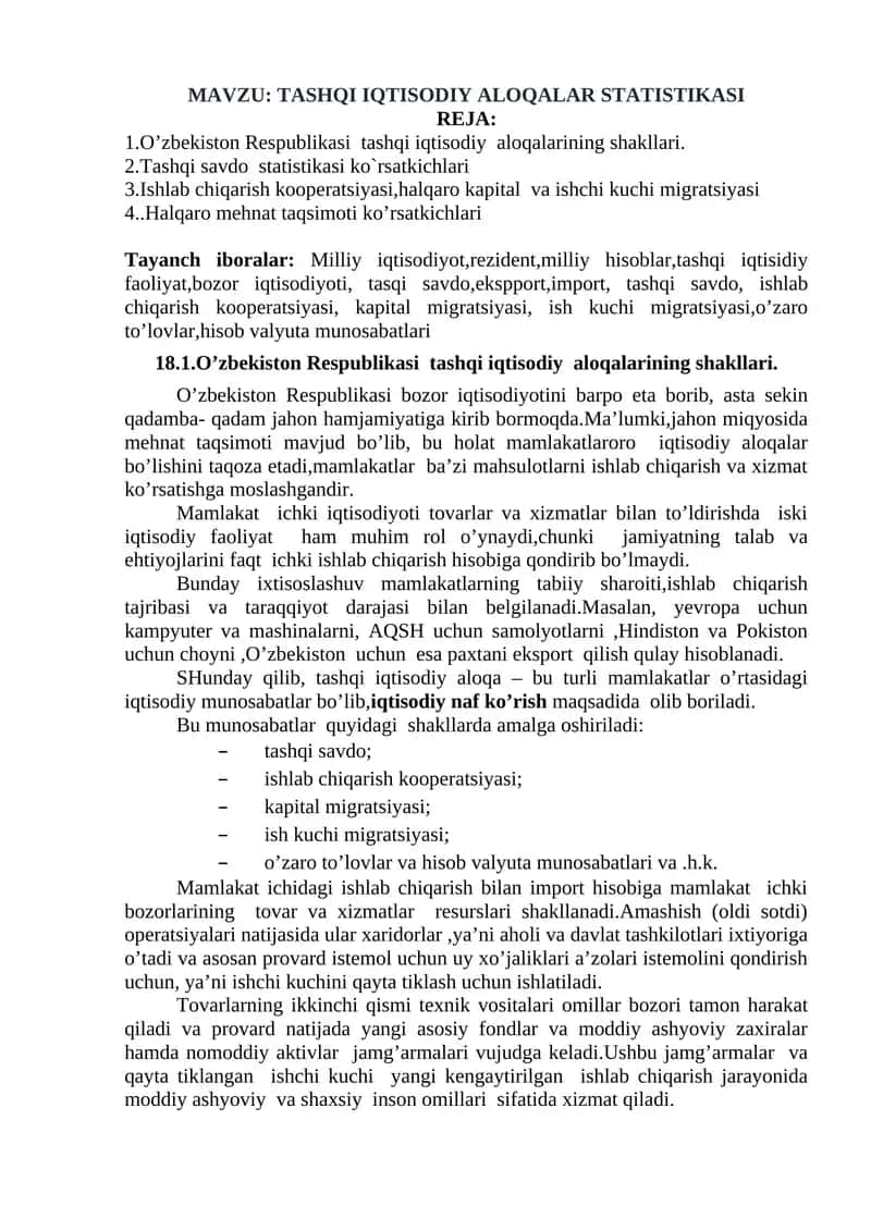 TASHQI IQTISODIY ALOQALAR STATISTIKASI
