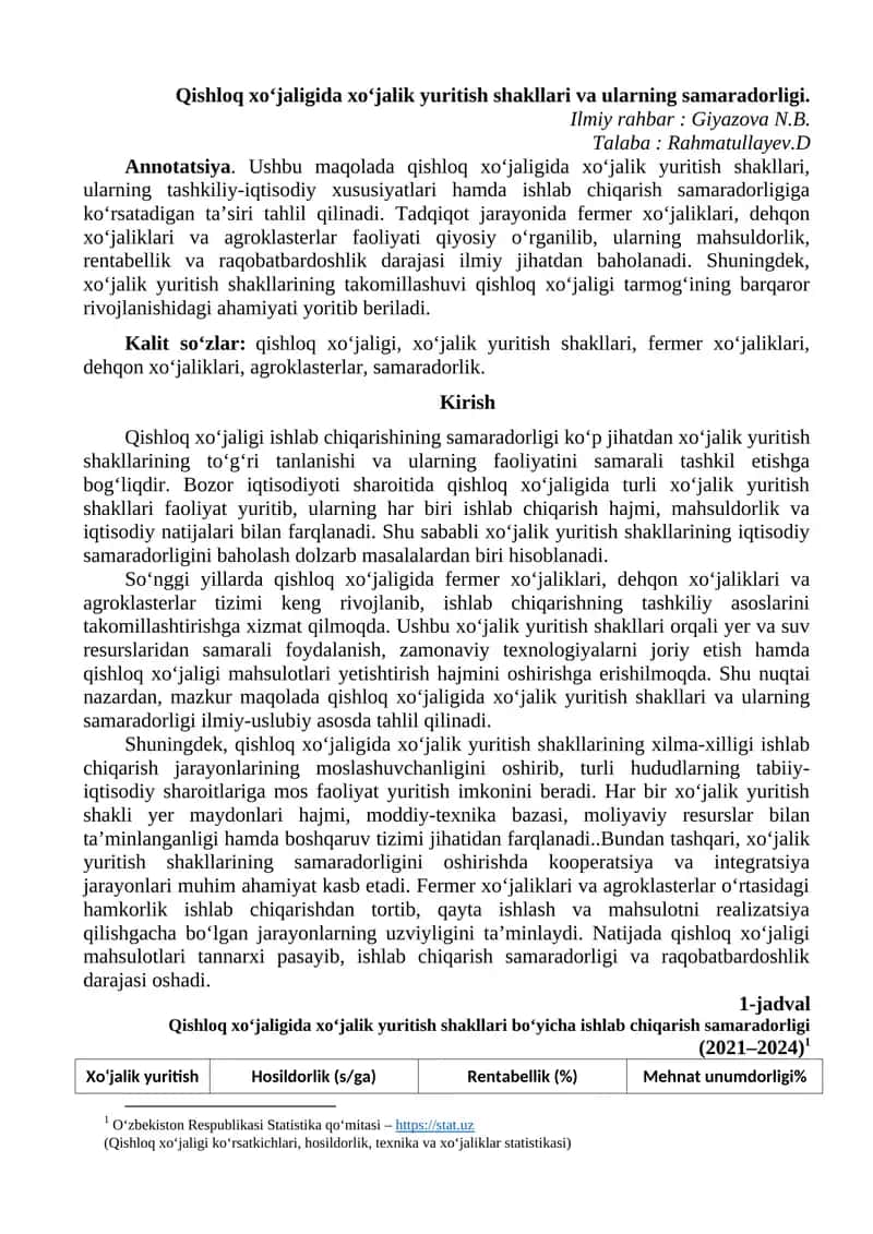 Qishloq xo‘jaligida xo‘jalik yuritish shakllari va ularning samaradorligi