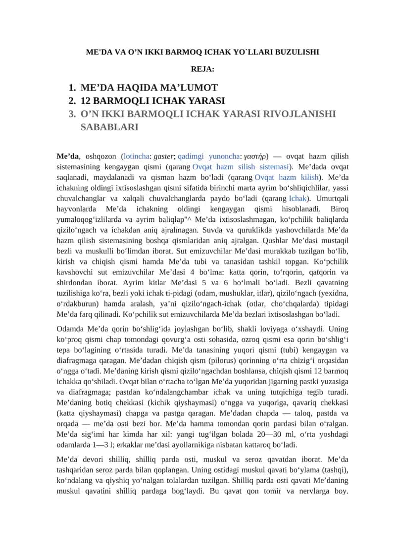 ME'DA VA O’N IKKI BARMOQ ICHAK YO`LLARI BUZULISHI