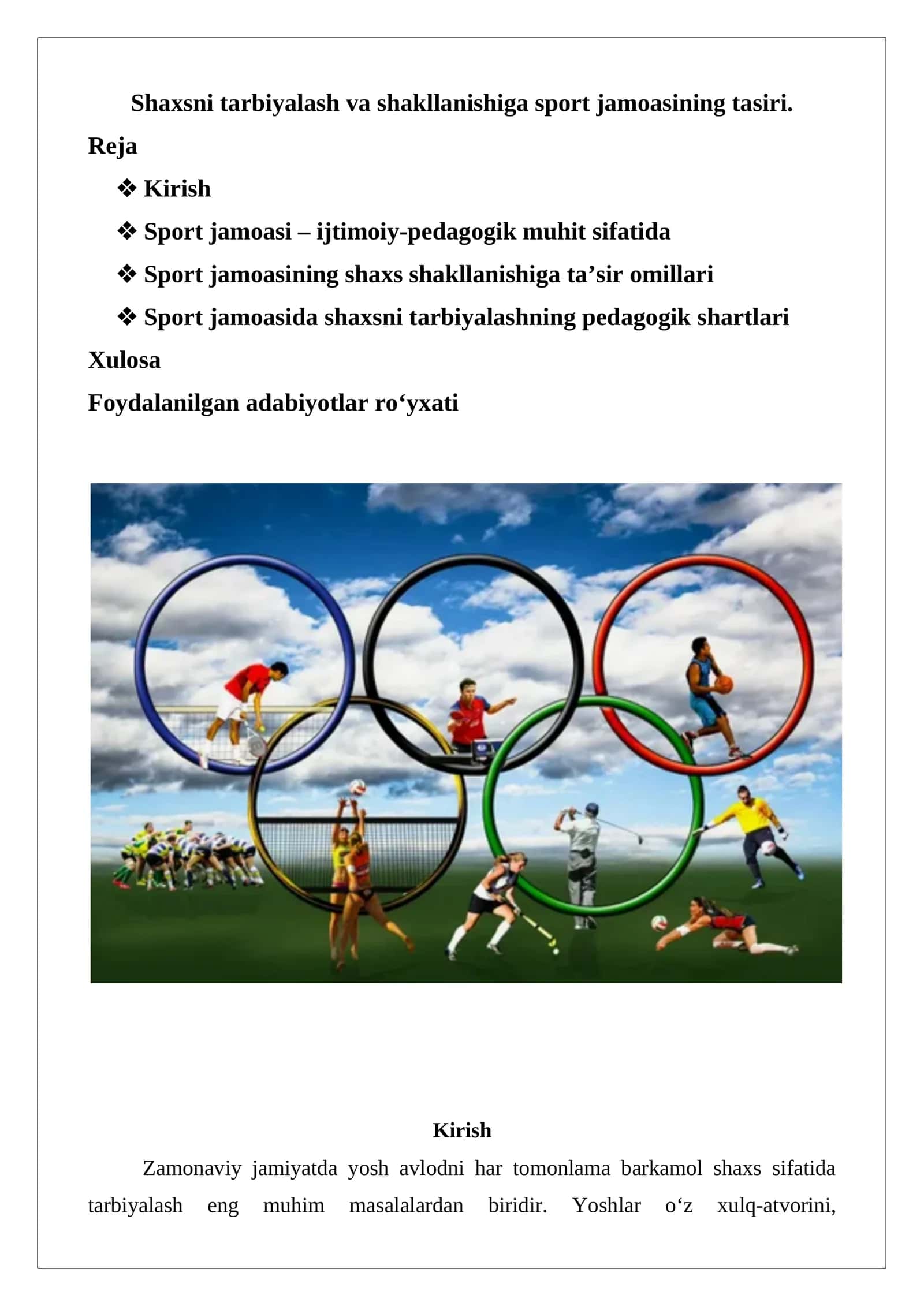 Sport jamoasi va shaxsning tarbiyalanishi