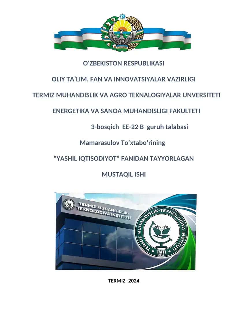 ”Yashil iqtisodyotga” o’tish tamoyillari