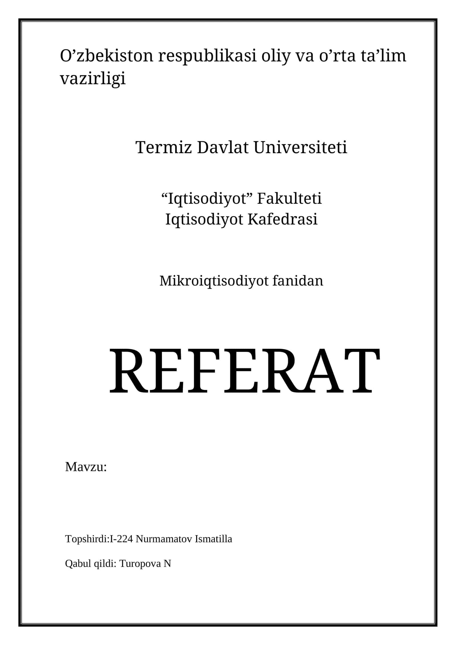 Mikroiqtisodiyot fanidan REFERAT