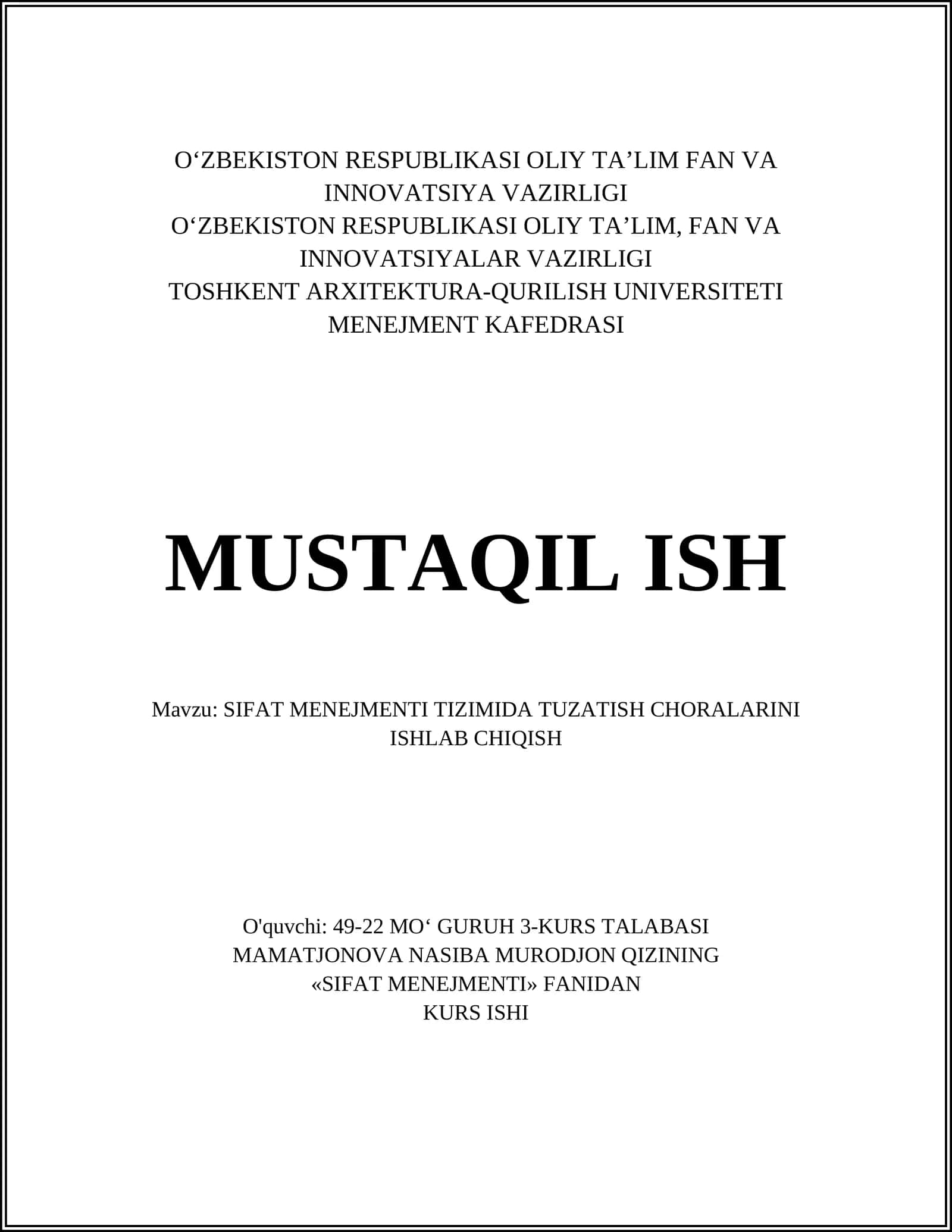 SIFAT MENEJMENTI TIZIMIDA TUZATISH CHORALARINI ISHLAB CHIQISH