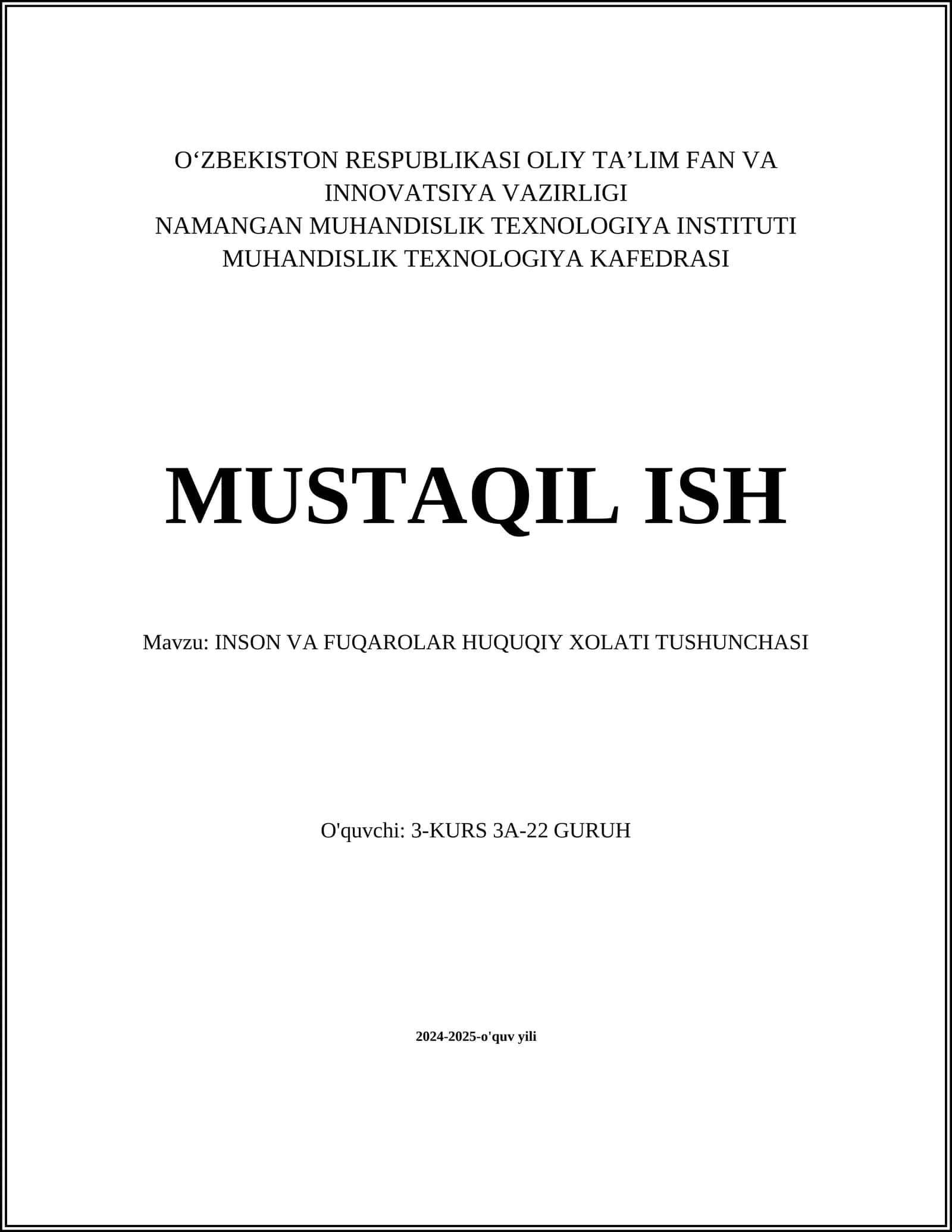 INSON VA FUQAROLAR HUQUQIY XOLATI TUSHUNCHASI