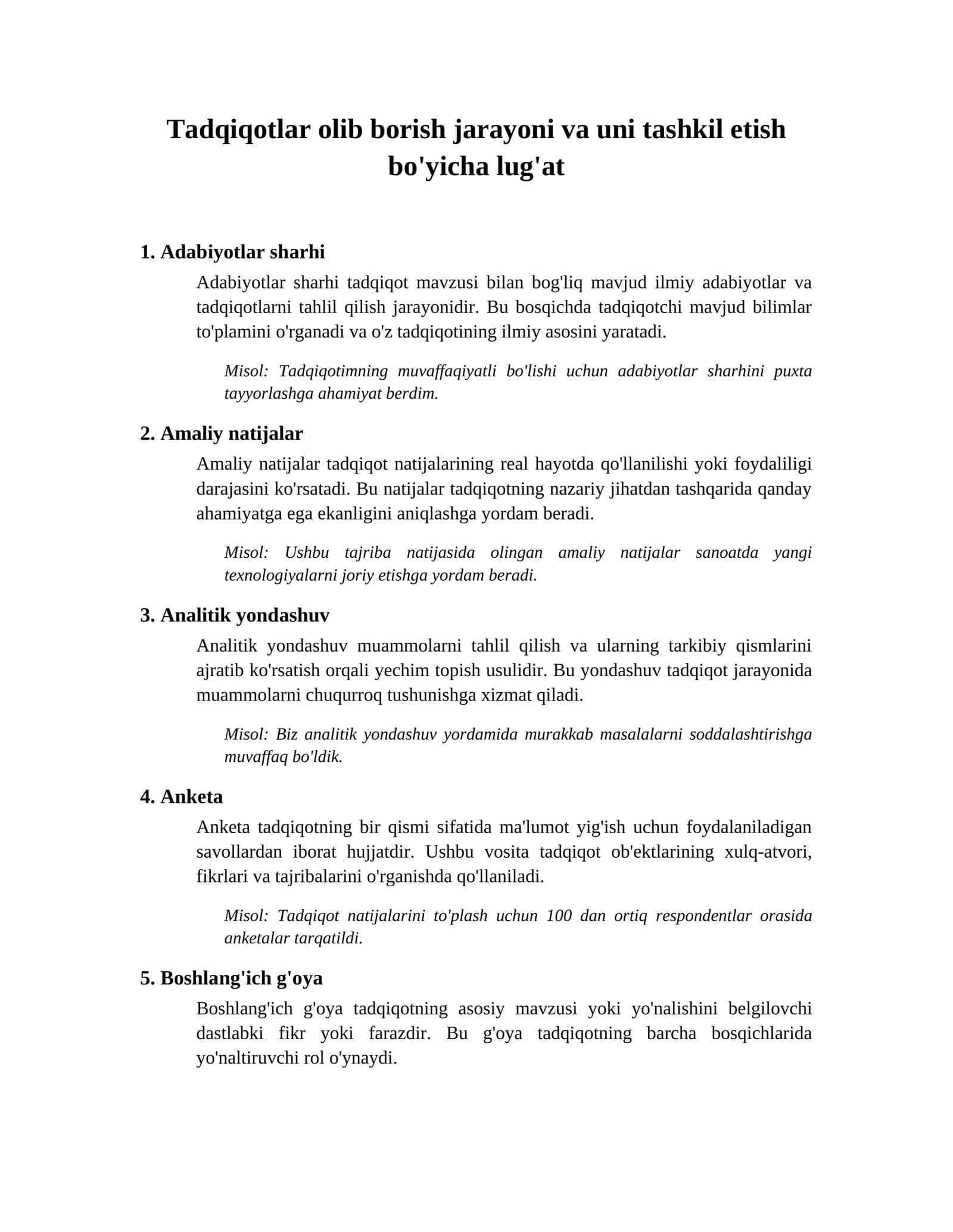 Tadqiqotlar olib borish jarayoni va uni tashkil etish bo'yicha lug'at