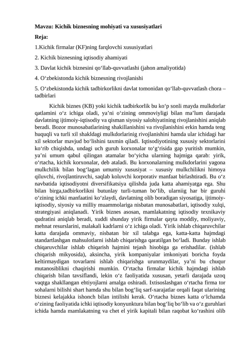 Kichik Biznesning Mohiyati va Xususiyatlari