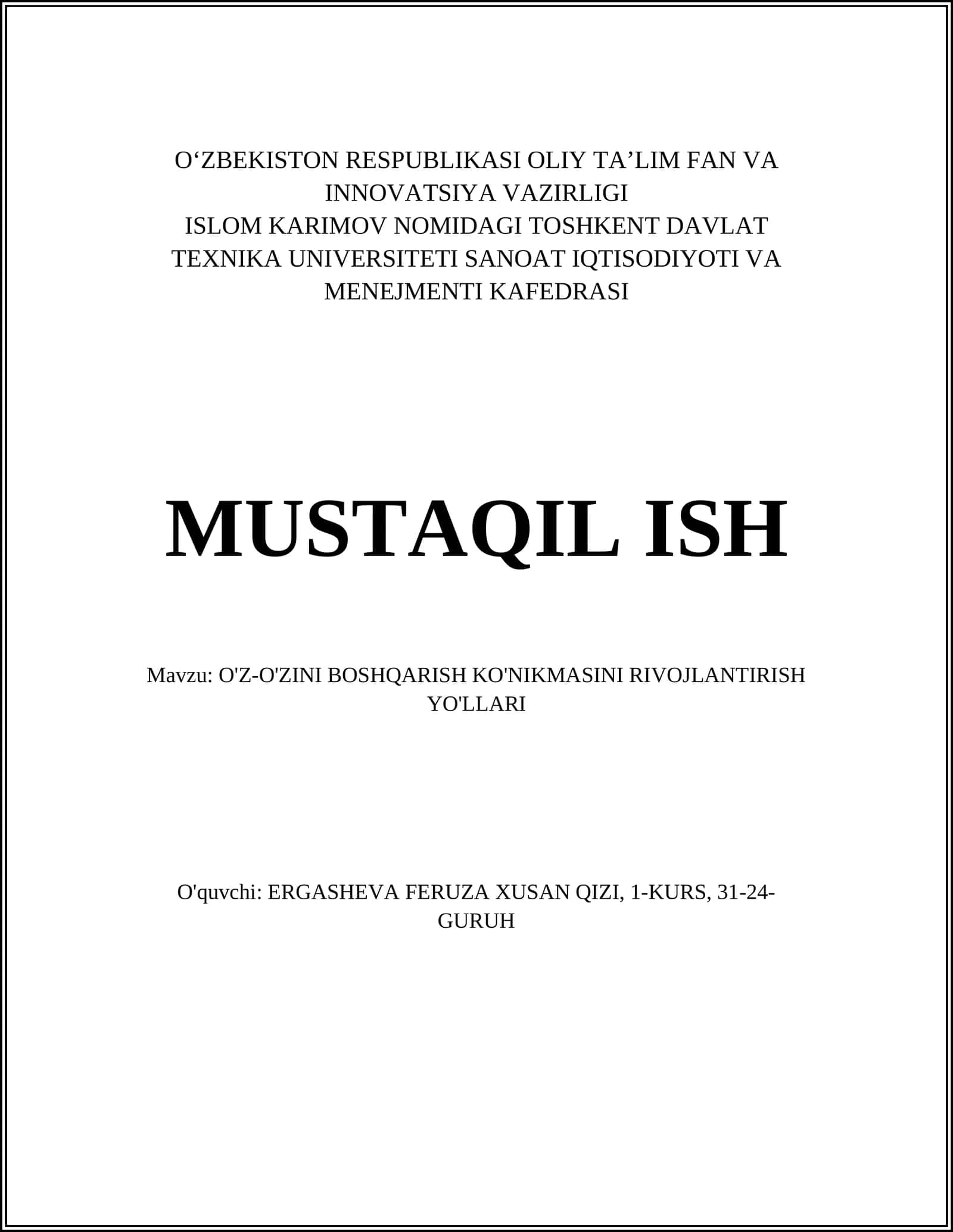 O'Z-O'ZINI BOSHQARISH KO'NIKMASINI RIVOJLANTIRISH YO'LLARI