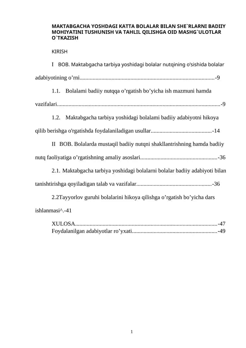 Maktabgacha Yoshdagi Katta Bolalar Bilan She`rlarni Badiiy Mohiyatini Tushunish va Tahlil Qilishga oid mashg`ulotlar o`tkazish