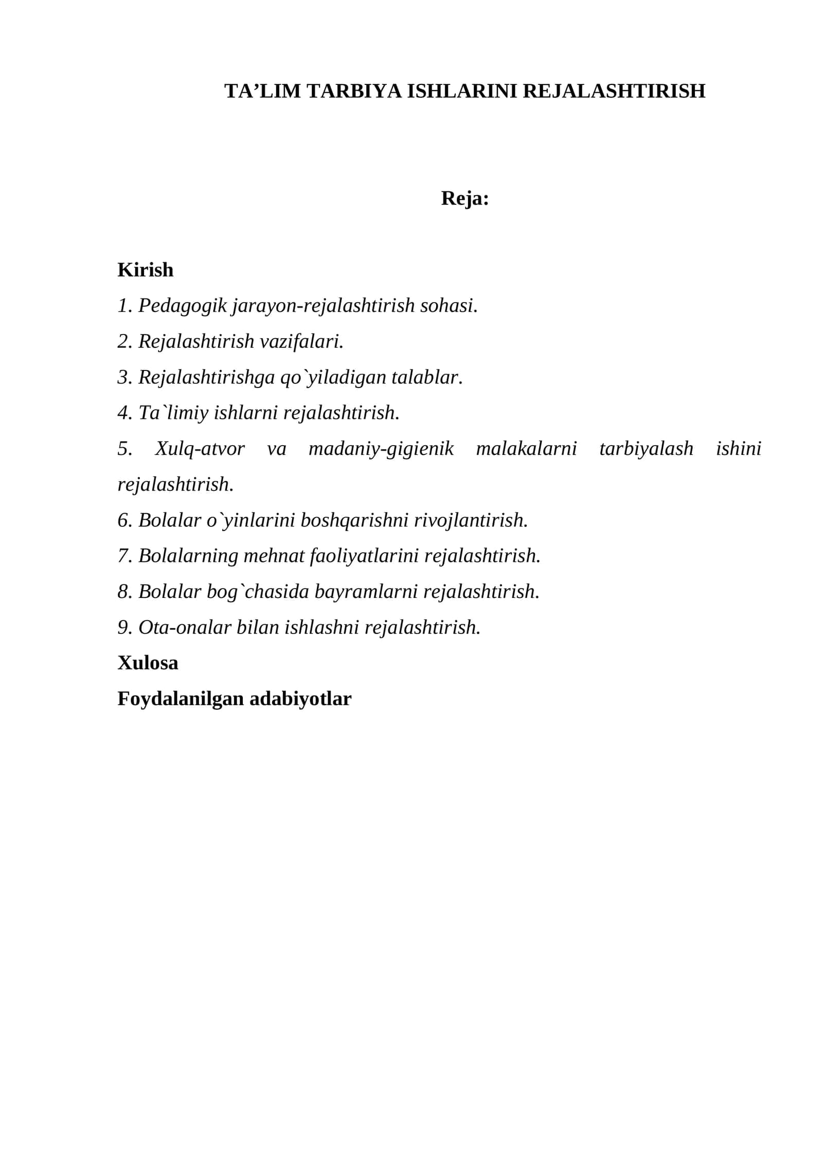 TA’LIM TARBIYA ISHLARINI REJALASHTIRISH