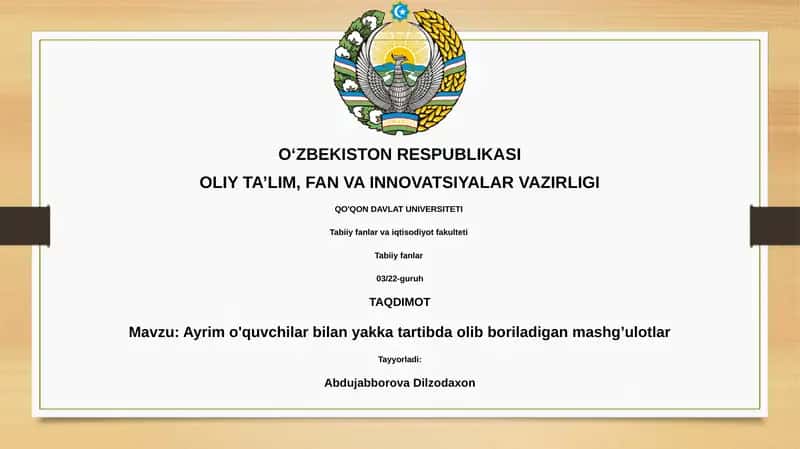 Ayrim o'quvchilar bilan yakka tartibda olib boriladigan mashg’ulotlar