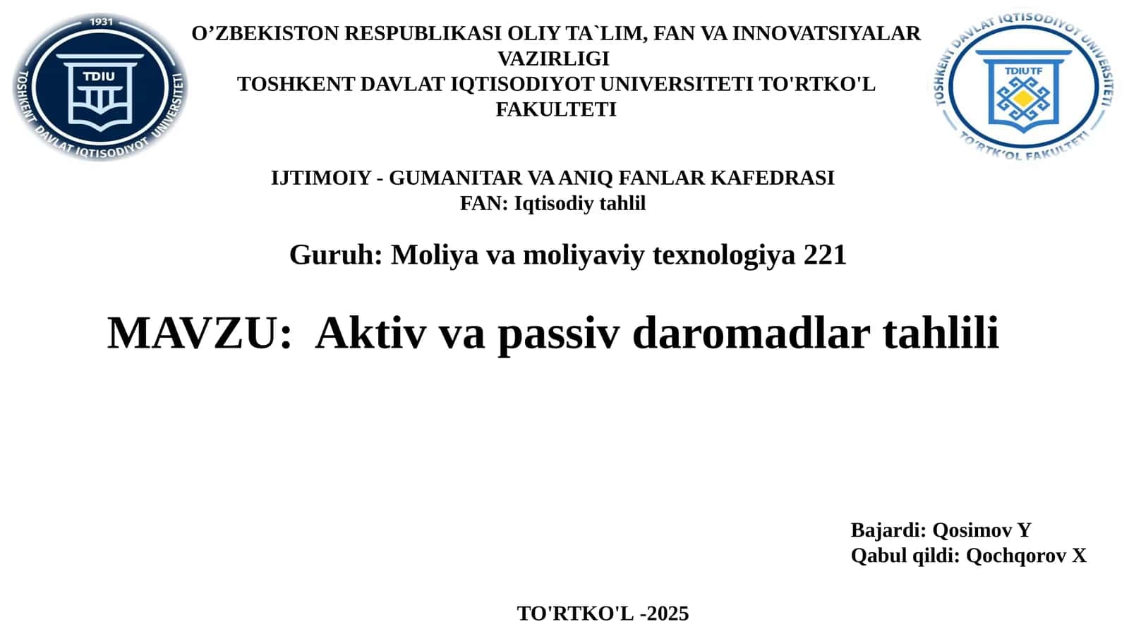 Aktiv va passiv daromadlar tahlili