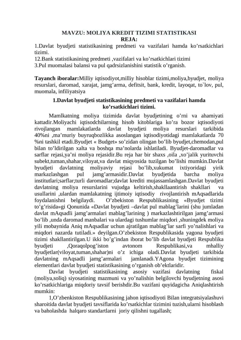 MOLIYA KREDIT TIZIMI STATISTIKASI