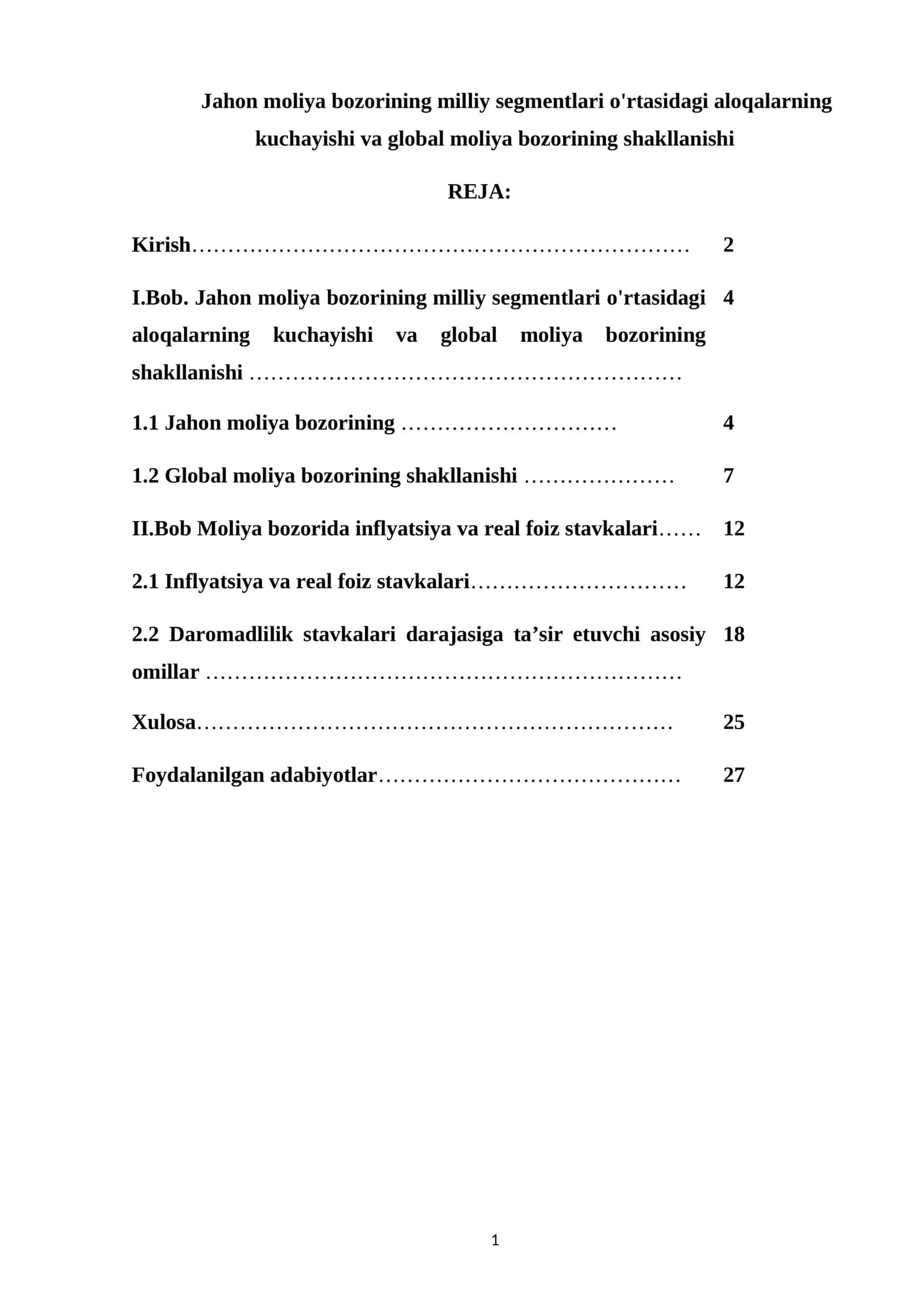 Jahon moliya bozorining milliy segmentlari o'rtasidagi aloqalarning kuchayishi va global moliya bozorining shakllanishi