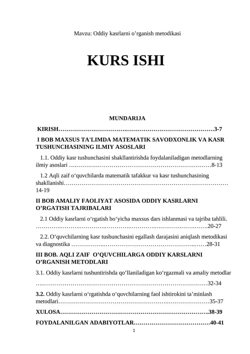Oddiy kasrlarni o’rganish metodikasi