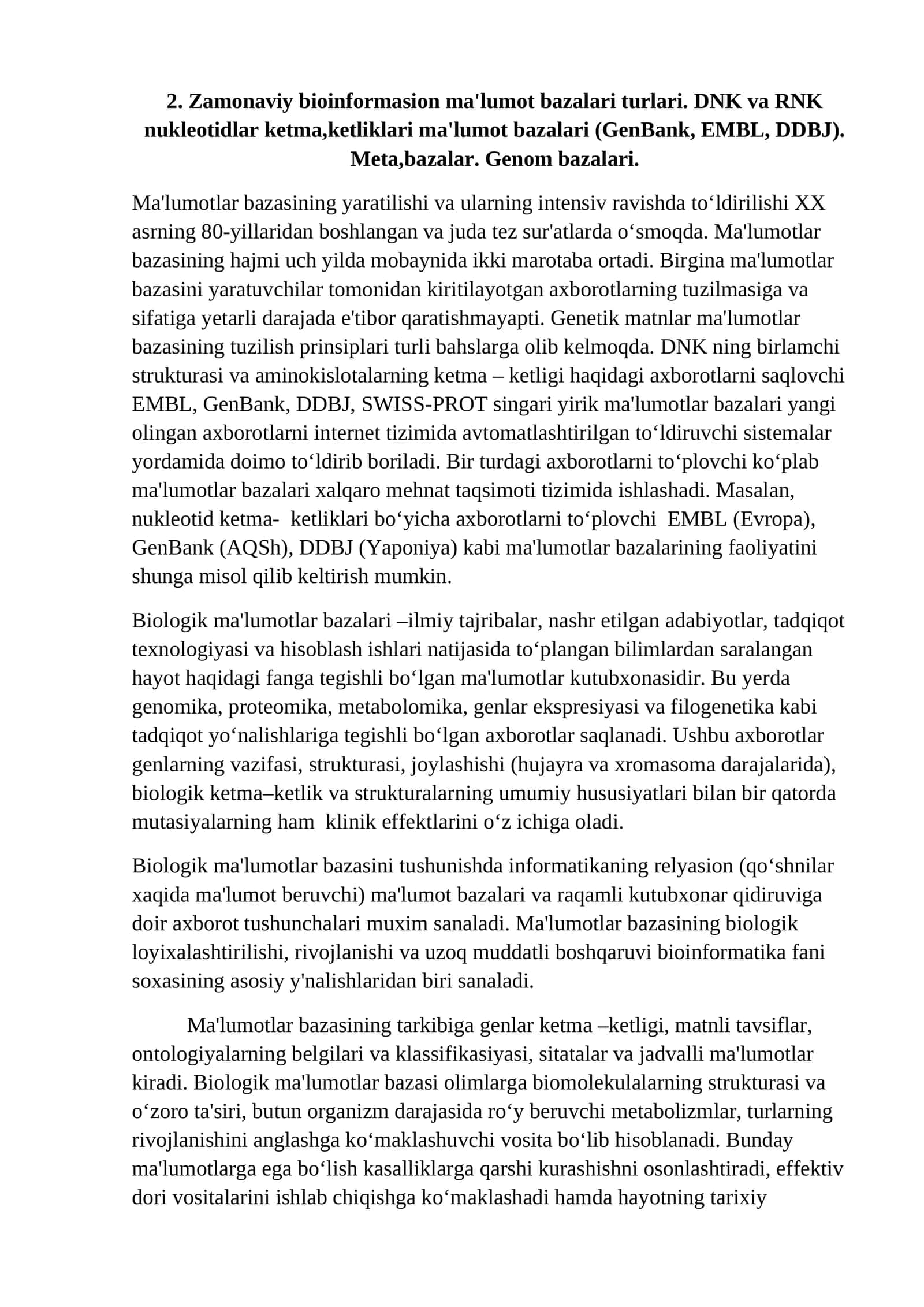Zamonaviy bioinformasion ma'lumot bazalari turlari
