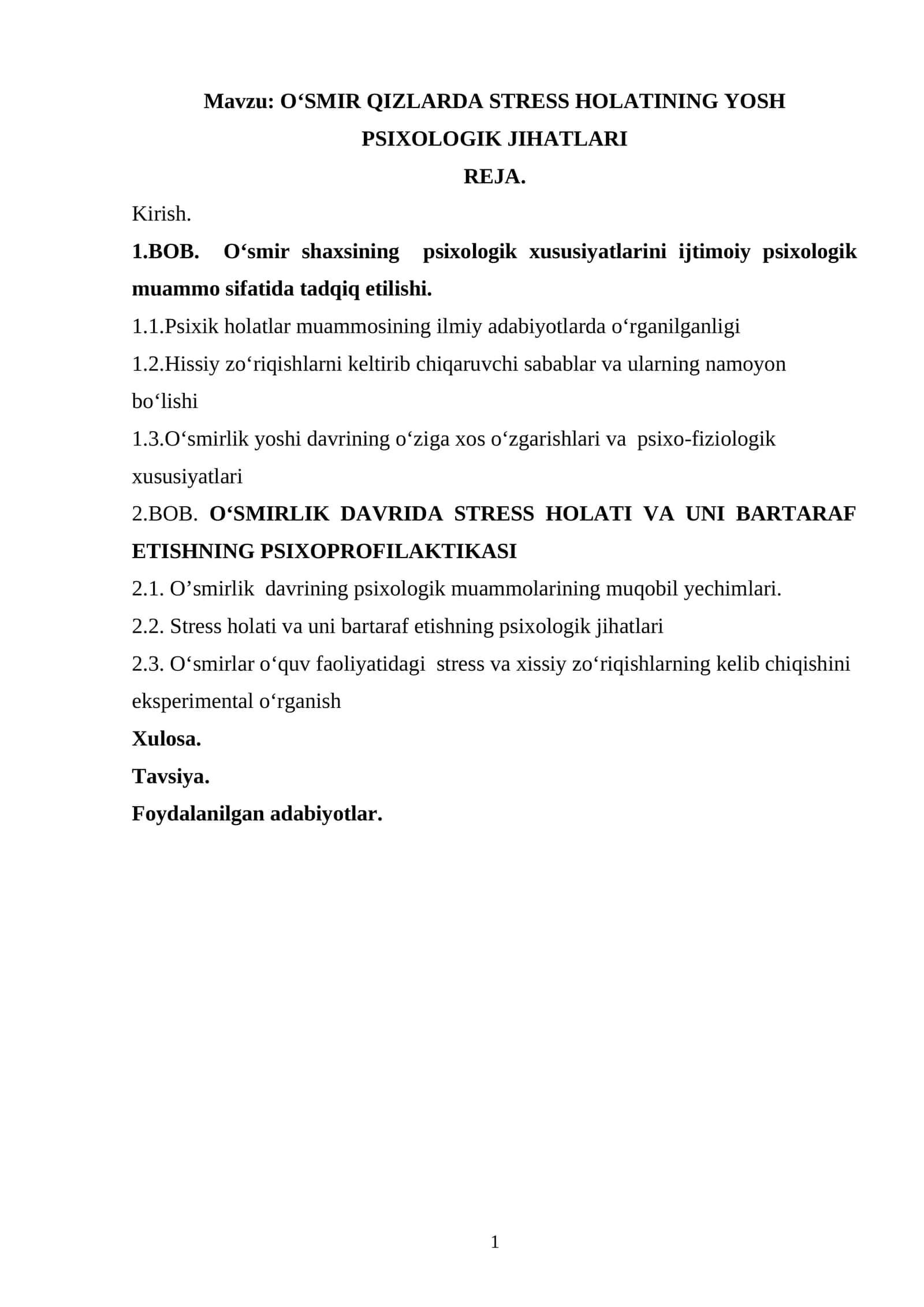 Oʻsmir qizlarda stress holatining yosh psixologik jihatlari