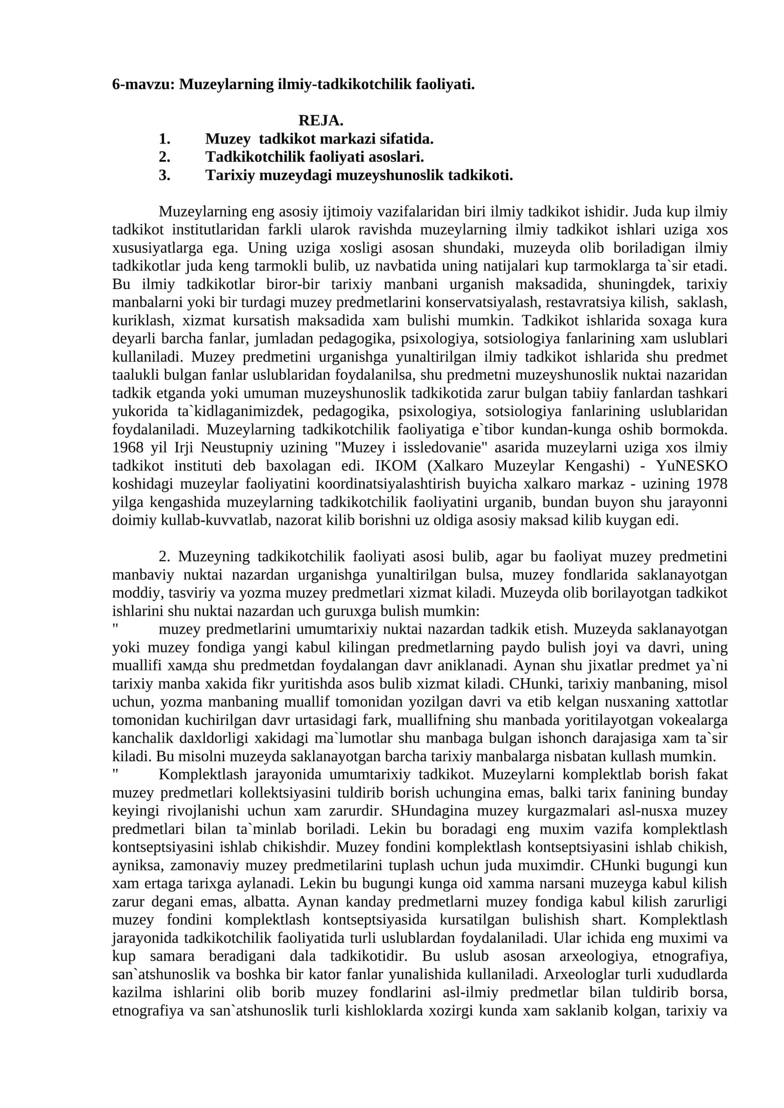 6-mavzu: Muzeylarning ilmiy-tadkikotchilik faoliyati
