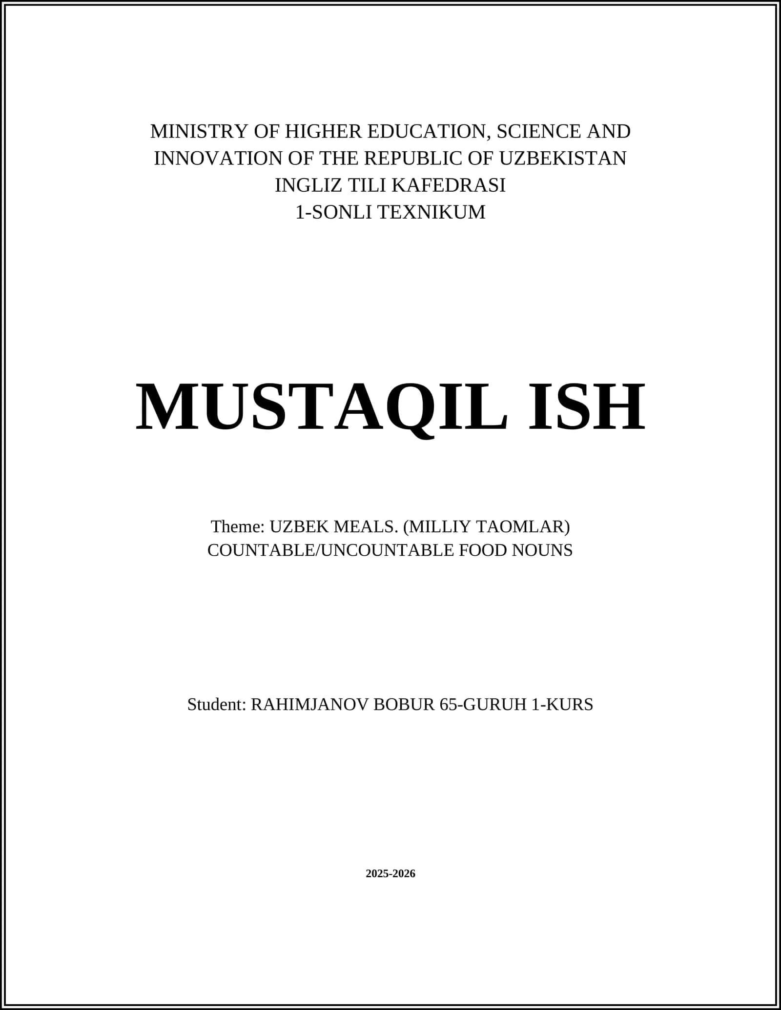 UZBEK MEALS - COUNTABLE/UNCOUNTABLE FOOD NOUNS